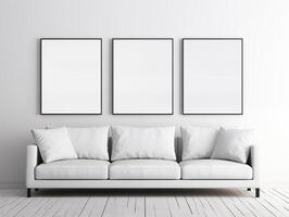 AI generated Three Black frame wall prints, Living room interior with gray velvet sofa, pillows, clean and minimal room interior photo