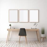 AI generated Three empty wall frame mock-up in studying room, minimal room with desk and chair, table lamp, indoor plants photo