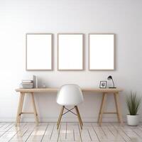 AI generated Three empty wall frame mock-up in studying room, minimal room with desk and chair, table lamp, indoor plants photo