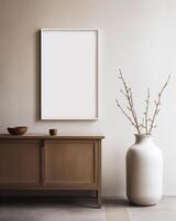 ai generado Bosquejo marco en un madera gabinete en el vivo habitación, blanco vas con seco planta, madera alacena foto