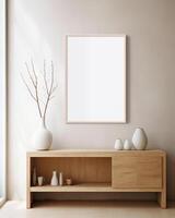 AI generated Empty blank frame  on top of a wood cupboard, minimal interior, wall print photo