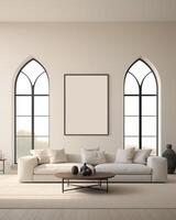 AI generated Large wall art frame mockup in center of living room, wooden floor, large sofa set, two arch windows photo