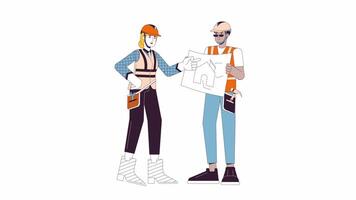 superviseur équipe ligne dessin animé animation. Résidentiel construction site 4k vidéo mouvement graphique. architecte femme montrer du doigt appartement plan 2d linéaire Animé personnages isolé sur blanc Contexte video