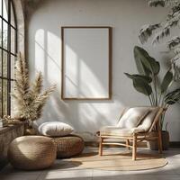 AI generated Blank wall frame mockup in Boho minimal living room photo