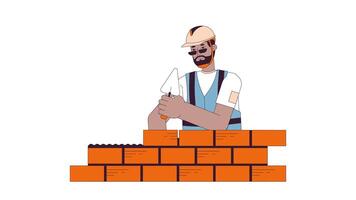 Construction worker laying bricks line cartoon animation. Building site masonry 4K video motion graphic. African american male home builder 2D linear animated character isolated on white background
