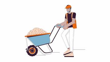 Construction worker transporting concrete on wheelbarrow line cartoon animation. Building 4K video motion graphic. Hardhat contractor pushing cart 2D linear animated character isolated on white