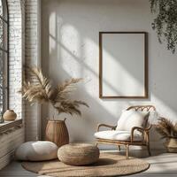 ai generado estilo boho vivo habitación con un pared Arte marco y un silla foto