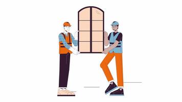 Window installation home line cartoon animation. Window fitters diverse men 4K video motion graphic. Installers contractors hardhat 2D linear animated characters isolated on white background