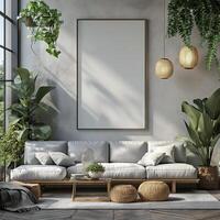 AI generated Blank wall frame mockup in Boho minimal living room photo