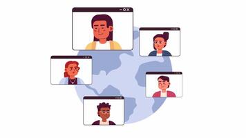 o negócio conferência trabalho em rede conectados 2d animação. virtual encontro colegas por aí mundo 4k vídeo movimento gráfico. colaboração colegas de trabalho cor animado desenho animado plano conceito, branco fundo video