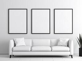 AI generated Three Black frame wall prints hang on a minimal white room with a white sofa, clean and minimal room interior photo