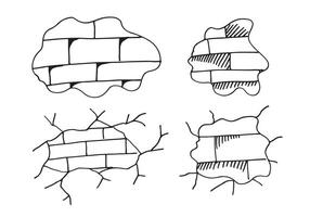 Hand-drawn set of cracked brick walls. Vector illustration.