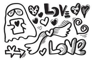 hand drawn love and hearts doodles, vector illustration.