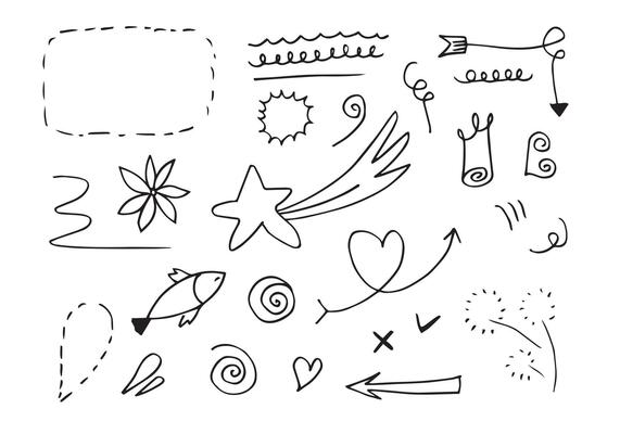 hand drawn set element,black on white background.arrow,heart,love,star,leaf,sun,light,flower,daisy,crown,king,queen,swishes,swoops,emphasis,swirl,heart,for concept design
