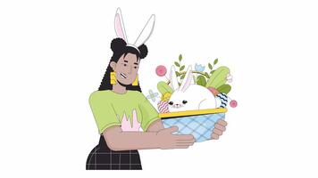 content Eastertide fin de semaine ligne 2d animation. lapin oreilles femme en portant œufs de Pâques lapin panier 4k vidéo mouvement graphique. pascal latino femelle linéaire Animé dessin animé plat concept, blanc Contexte video