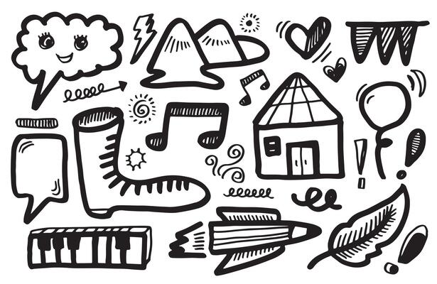Hand drawn doodle design elements.thunderbolt, cloud, Arrow, heart, shoe, hill, house.