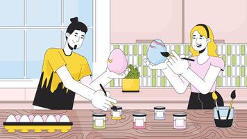 påskägg målning kök linje tecknad serie animation. caucasian människor dekorera ägg tillsammans 4k video rörelse grafisk. påsktid Lycklig familj 2d linjär animerad tecken på interiör bakgrund