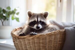 AI generated A cute young tame raccoon resting in a pet bed, space for text. photo