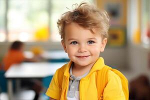 AI generated Kids playing with educational toys sitting on table at kindergarten. Early education. Montessori learning tools for children photo