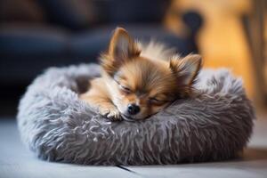 AI generated Cute small terrier dog resting on pet bed at home photo