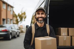 ai generado retrato de entrega hombre comprobación el paquete o empaquetar para entrega en frente de camioneta. foto