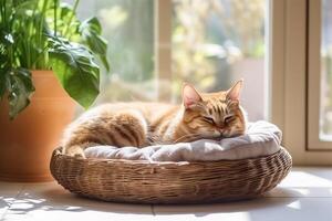 AI generated Cute fluffy cat resting in a pet bed, space for text. photo