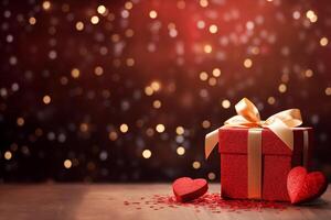 AI generated Close up of Valentine's Day present and heart shape with red confetti and glitter. Gift box with ribbon bow tag over blurred heart shape bokeh background with lights photo