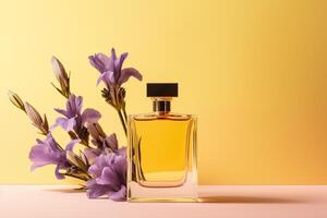 AI generated Glass elegant perfume bottle mockup on yellow background with purple iris flowers. Glamour advertisement banner, copy space. photo