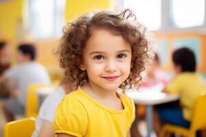 ai generado retrato de pequeño niña en jardín de infancia guardería escuela. niños jugando con educativo juguetes temprano educación. montessori aprendizaje herramientas para niños. foto