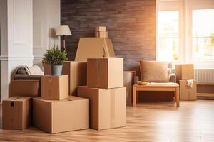 AI generated Stack of cardboard boxes with household belongings on wooden floor in living room of old classical style house. Moving to new home photo