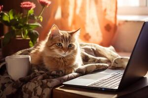 ai generado un linda gato mentiras en el escritorio en cuales allí es un computadora portátil, un planta, un taza, un diario. foto