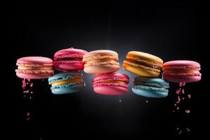 AI generated Colorful macarons flying in air on black background. Sweet and colorful French macaroons falling or flying in motion. photo