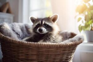 ai generado un linda joven domar mapache descansando en un mascota cama, espacio para texto. foto