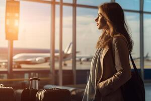 AI generated Travel tourist standing with luggage watchingat airport window. Woman looking at lounge looking at airplanes while waiting at boarding gate before departure. photo