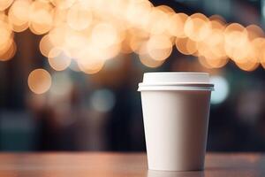 AI generated Close up paper cup of coffee on bar counter against coffee shop bokeh background. Mockup for cafe design. photo