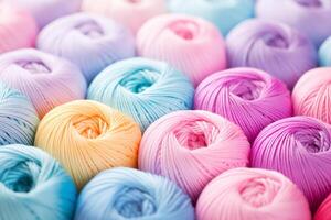 AI generated Multicolored balls of yarn. Pastel soft colors, Abstract knitting background. photo