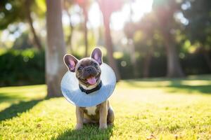 AI generated Dog wearing a cone after surgery, treatment in the park, space for text. photo