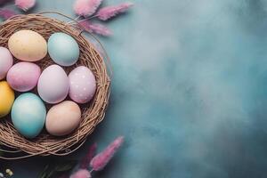 AI generated Copy space background flat lay with pastel-colored Easter eggs, A basket filled with candy photo