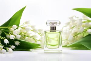 AI generated Perfume glass bottle among flowers of lily of the valley and green leaves on white background. Perfume ingridient concept. photo