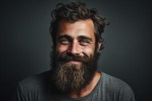 AI generated Studio shot of smiling bearded man, handsome brutal man. Space for text and black background. photo