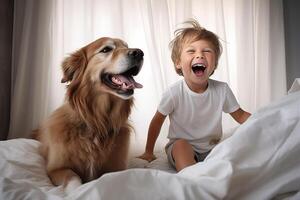 ai generado pequeño chico jugando con su perro a hogar. foto