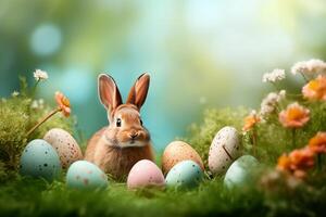 AI generated Easter eggs and rabbit with flowers on green grass background. Easter card and background for social media. photo