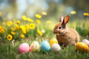 AI generated Easter eggs and rabbit with flowers on green grass background. Easter card and background for social media. photo