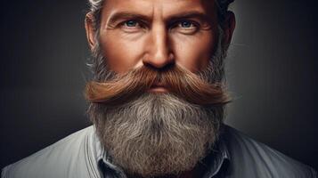 ai generado largo barba y Bigote de cerca en un ligero antecedentes con espacio para texto. generativo ai retrato de hermosa hombre con Bigote y barba. foto