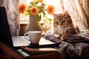 ai generado un linda gato mentiras en el escritorio en cuales allí es un computadora portátil, un planta, un taza, un diario. foto