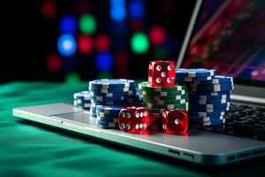 AI generated Close-up of a stack of casino chips and dice lie on the laptop keyboard. Online poker series. photo