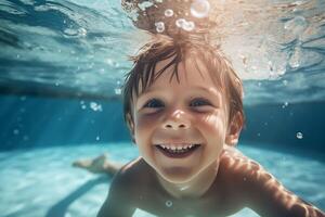 ai generado retrato de un linda pequeño chico nadando submarino. submarino niño retrato en movimiento. foto