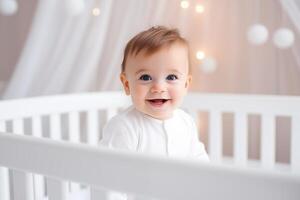 AI generated Portrait of a laughing baby standing in a crib and looking at the camera. photo