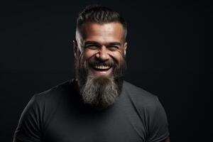 AI generated Studio shot of smiling bearded man, handsome brutal man. Space for text and black background. photo