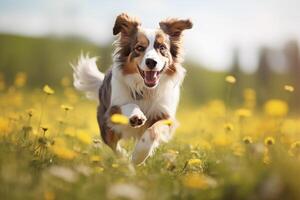 ai generado contento linda perro corriendo mediante un trigo campo en soleado día foto